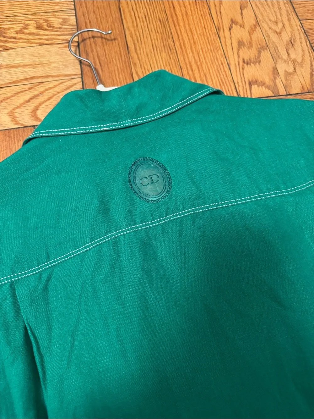 Vintage Dior Green Lightweight Women's Blazer Jacket with Contrast Stitching